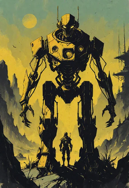 a group of vintage robots in an alien landscape, western, hyper detailed, sci fi, minimalist_sci-fi_dystopia