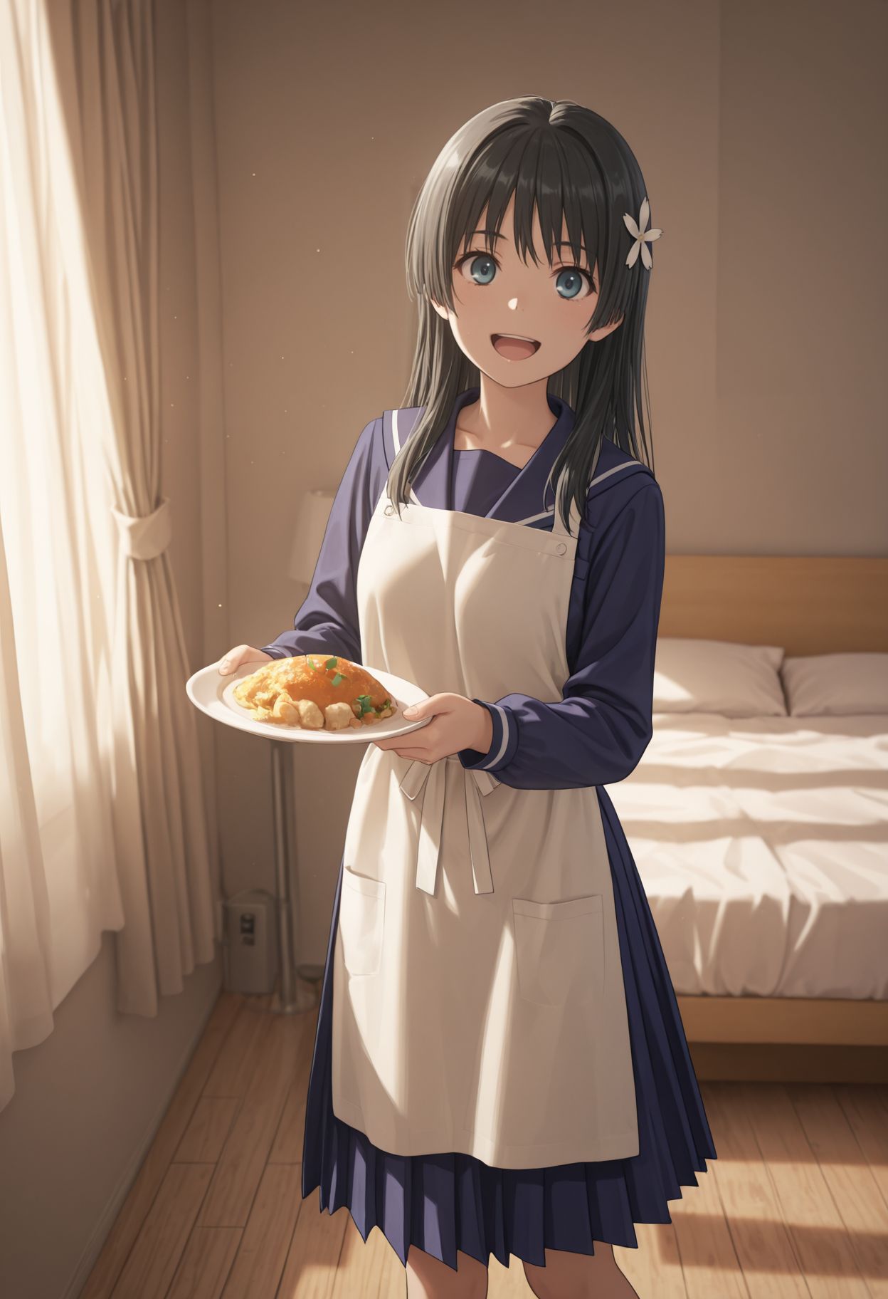masterpiece,best quality,absurdres,highres,very aesthetic,high quality,detailed,insanely detailed,beautiful,perfect lighting, looking at viewer, 
 <lora:Saten Ruiko illu:1> 1girl, black hair, winter uniform, apron, long hair, sakugawa school uniform, blue skirt, blue serafuku, food, feet out of frame, indoors, curtains, open mouth, blue sailor collar, looking at viewer, pleated skirt, smile, holding plate, hair ornament, bed, blue eyes, long sleeves, hair flower, shirt