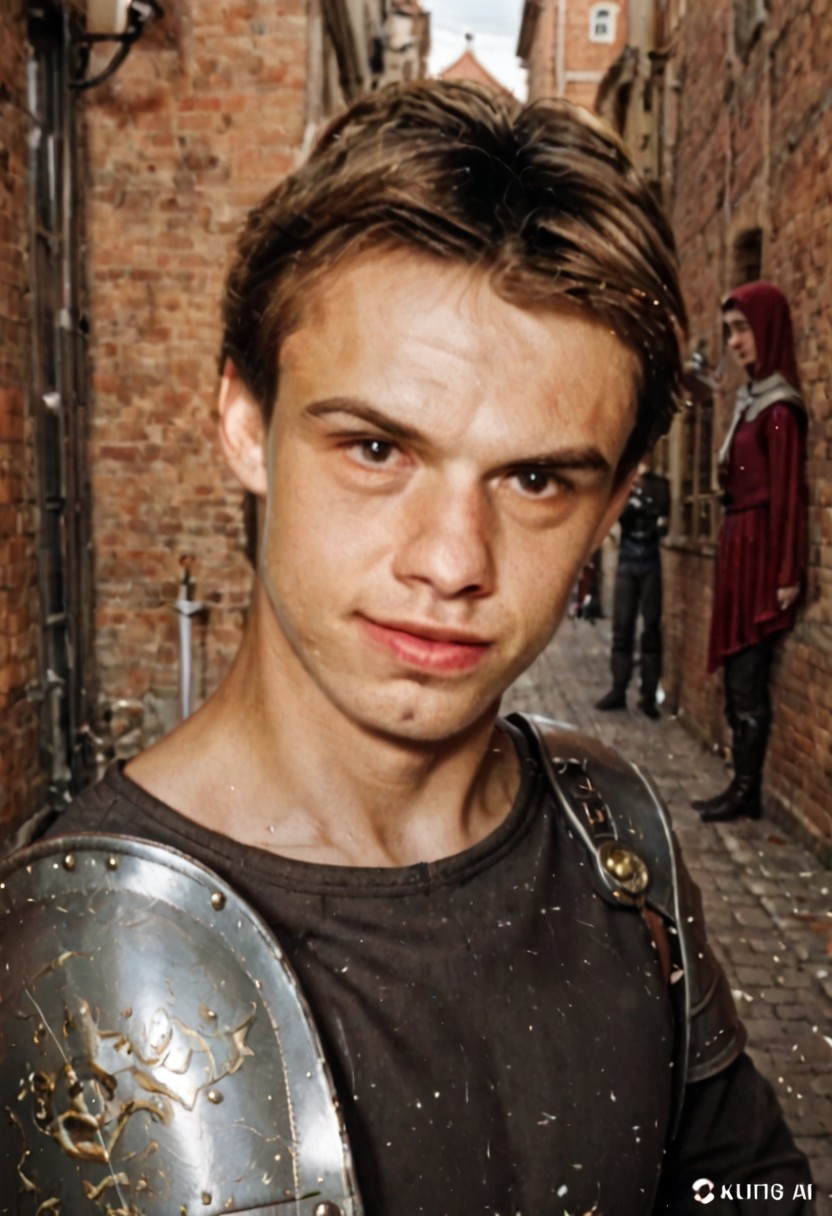 (Xcurix:1.6),(in city:1.5), guy close portrait, black tshirt, medieval age, armor body paladin , blood in face, take s big sword, seriously  , fire,medieval war, , high definition,