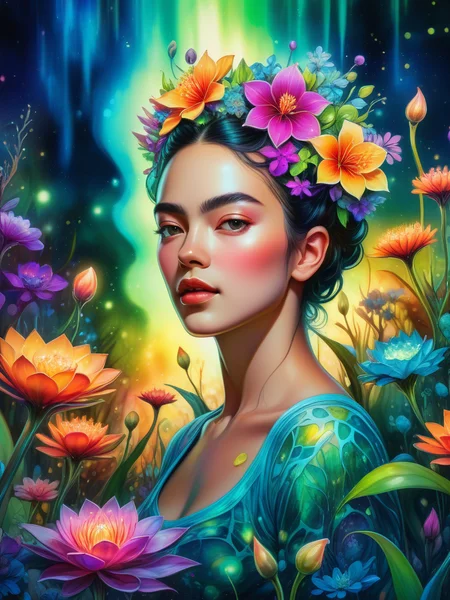 <lora:08SurealismArt_Hap_XL:1>, frida kahlo style, A botanical garden is filled with bioluminescent flowers that Summer flowers and the Northern Lights, rendered in Jody Bergsma style with alcohol ink splatter effects, combining super realism, fantasy and intricate detail, 16K dolby vision impressionist quality, hyper-detailed texture, neon brightness, high dynamic range, bright vivid colors, octane rendering,