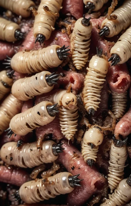 microshot of maggots in rotten meat,extreme detail,amazing focus and sharpness,intricate,