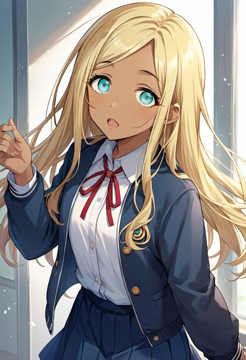 score_9, score_8_up, score_7_up, source_anime, layla, long hair, blonde hair, dark skin, aqua eyes, 1girl, solo, dark-skinned female, looking at viewer, open mouth, skirt, school uniform, jacket, ribbon, blue jacket, blue skirt