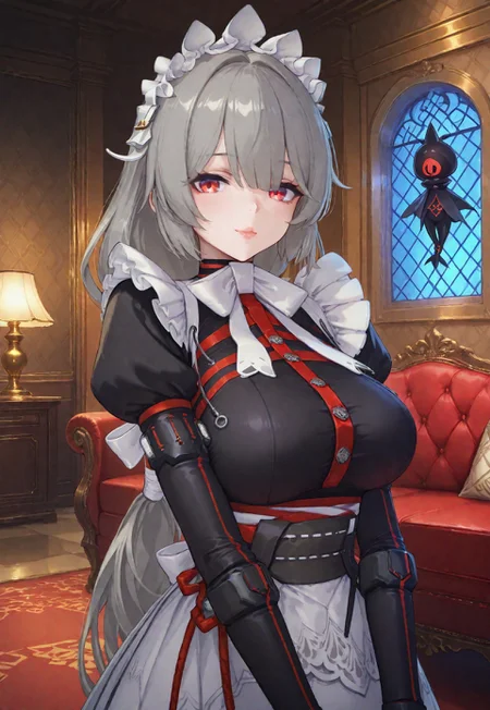 safe_pos, safe_pos, safe_pos, safe_pos, safe_pos, (score_9, score_8_up, score_7_up, score_6_up,) masterpiece, high quality, (best quality:1.1), sharp details, vivid color,
,young lady, 4k, hourglass figure, perfect lips, perfect breasts, <lora:Rina_Alexandrina_Sebastiane_-_Zenless_Zone_Zero_ZZZ__Illustrious:1>
1girl, Alexandrina Sebastiane, solo, grey hair, long hair, multi-colored eyes, red eyes, hair ornaments, breasts,
maid outfit, open dress side, long sleeves, gloves,
floating, looking at viewer,
mansion, luxury room, luxury sofa, marble wall, detailed background,