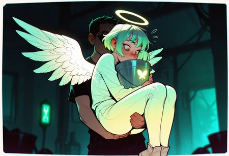 masterpiece,best quality,amazing quality, artist: melkor,, (artist: incase:0.7), green hair angel, halo, wings, carrying a bucket of buzz, lighting icon white outline glow,
white outline glow, chromatic aberration, blurred background, high res image,