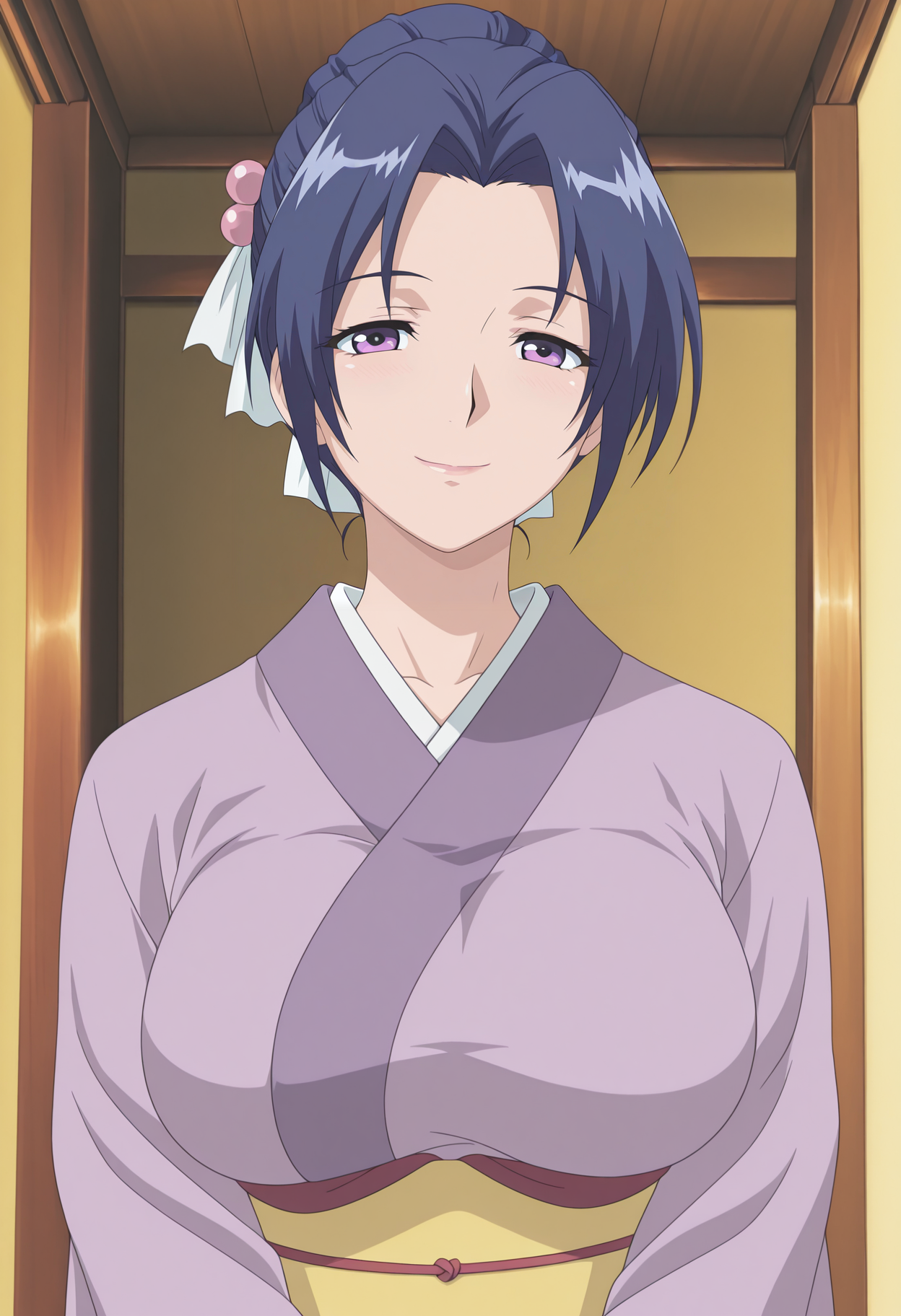 1girl,solo,mm,mature female,blue hair,hair ornament,hair bun,purple eyes,large breasts,anime coloring,
kimono,upper body,looking at viewer, smile,indoors
,masterpiece,best quality,amazing quality,<lora:Azusa-Ryoujoku_Hitozuma_Onsen_il:0.8>