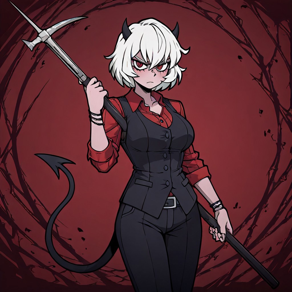 masterpiece, best quality, newest, absurdres, highres, anime, anime style, BDCV1.0, weapon, polearm, bec de corbin, holding weapon, holding polearm, holding, 1girl, malina \(helltaker\), demon girl, short hair, white hair, horns, demon tail,