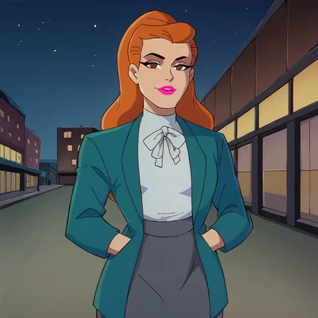 score_9, score_8_up, score_7_up, solo, 1girl, lipstick, pink lips, makeup, long hair, orange hair, brown eyes, no pupils, aqua jacket, white shirt, ribbon pencil skirt, grey skirt, looking at viewer, Summer Gleeson, middle of the city, night, standing, seductive, flirting