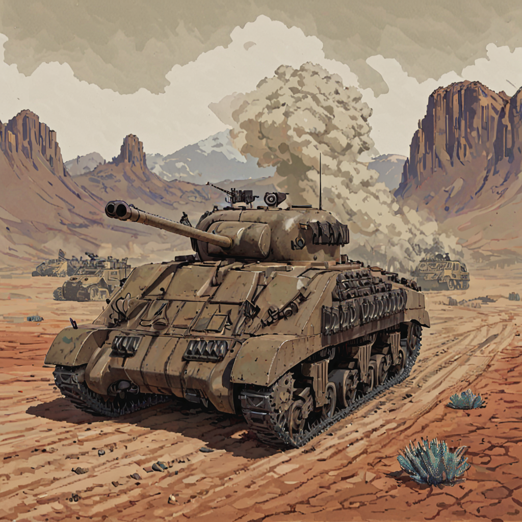 tank driving across a desert, sand, rocks, distant mountains, wire, explosions, smoke, fog of war, rubble, frflytnk, vehicle focus  ((pulp_comic, heavy_lines, hand_drawn, hand_inked, hand_colored, apxlz))