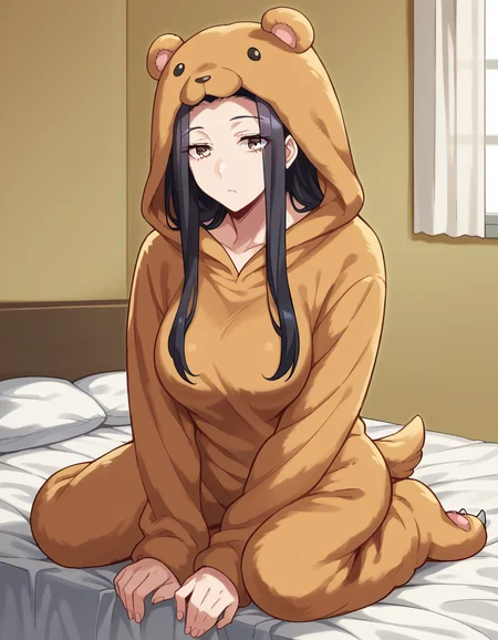 score_9, score_8_up, score_7_up, source_anime, <lora:kuroko-smith-s1-ponyxl-lora-nochekaiser:1>, kuroko smith, long hair, black hair, parted bangs, brown eyes, large breasts,, <lora:kigurumi-ponyxl-lora-nochekaiser:1>, kigurumi, animal hood, animal costume, cosplay, rabbit costume, dragon costume, bear costume, dinosaur costume, sheep costume, cat costume, dog costume, panda costume, tiger costume,, indoors, bed, bed room, sitting, , dutch angle,