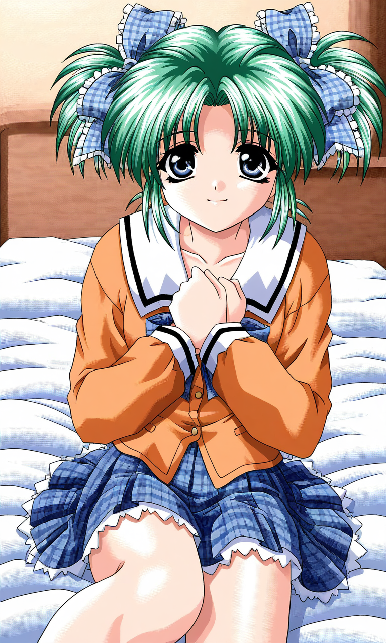 general,highres, ultra-detailed,very aesthetic,best quality ,best hands, BREAK <lora:Minase_Ruka_Akumu_AoiKajitsunoSange_IS:1>
Minase_Ruka, 1girl, solo, green hair, short twintails, blue eyes, hair ribbon, blue plaid ribbon,
short, light smile,  school uniform, ribbon, orange sleeve, 
outdoors,hands on own chest,, plaid skirt, plaid bow, long sleeves, serafuku, bed room, sheet, bed,