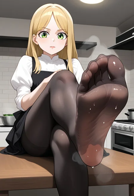 dress, white socks, sfw, crossed legs, sitting on table, kitchen, , green eyes, , black pantyhose, soles, steamy soles:1.8, sweaty feet:1.2, lumima, blonde hair, housewife