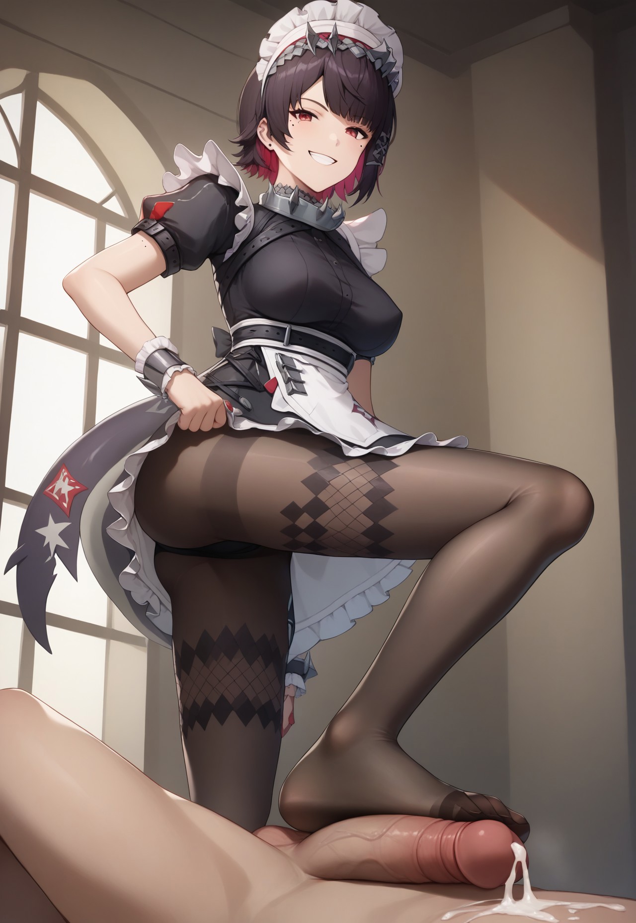 safe_pos, score_9,score_8_up,masterpiece,best quality,2d,stepped_on_penis,1girl,1boy,view from side,penis,footjob,stepped on,cum,femdom,mischeavous grin,ellen_joe,maid_headdress,black_dress,wrist_cuffs,puffy_short_sleeves,mole_under_eye,large_breasts,frilled_dress,black_pantyhose,medium_breasts,