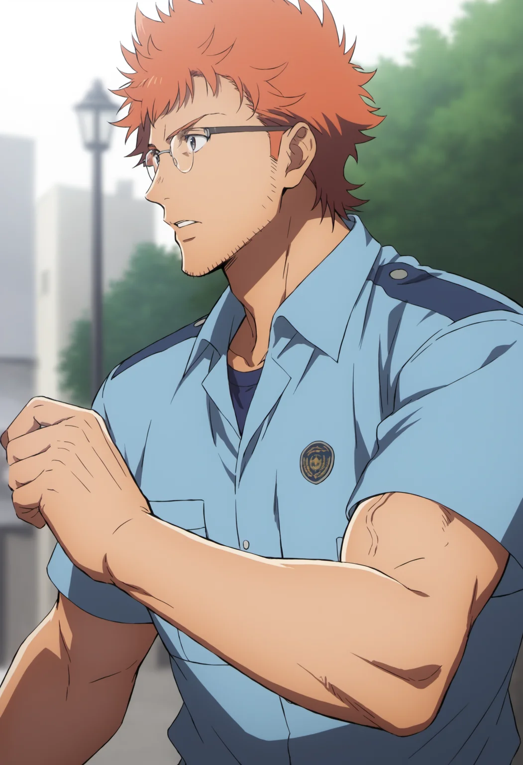 1boys, tetsutotsumura_summertime, stubble,orange hair, short hair, stubble, gray eyes, police uniform, tight blue shirt, sunglass, ((veiny arms)), score_8_up, score_7_up, score_6_up, score_9,manly, muscular, middle-age man, a man in street, modern, shop, streetlamp, centered, face_focus, detailed eyes, 8k uhd, high quality, anime color, side view, running, dynamic angle