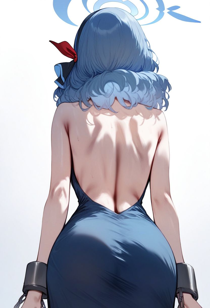 score_9, score_8_up, score_7_up, score_6_up, score_5_up, score_4_up, source_anime, <lora:SET v0.1:1>,
1girl, ako (blue archive), ako (dress) (blue archive), blue hair, halo, solo, dress, from behind, blue dress, ass, official alternate costume, backless outfit, blue halo, simple background, back, backless dress, white background, sleeveless dress, sleeveless, hairband, bare shoulders, cuffs, facing away, black hairband, cowboy shot, medium hair, median furrow