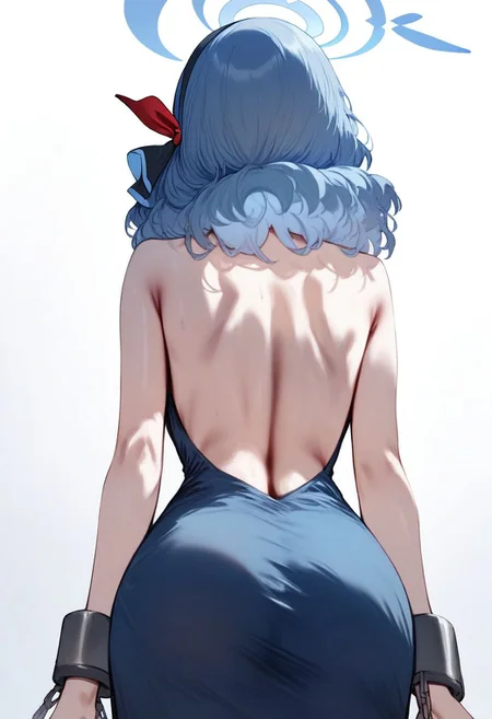 score_9, score_8_up, score_7_up, score_6_up, score_5_up, score_4_up, source_anime, <lora:SET v0.1:1>,
1girl, ako (blue archive), ako (dress) (blue archive), blue hair, halo, solo, dress, from behind, blue dress, ass, official alternate costume, backless outfit, blue halo, simple background, back, backless dress, white background, sleeveless dress, sleeveless, hairband, bare shoulders, cuffs, facing away, black hairband, cowboy shot, medium hair, median furrow