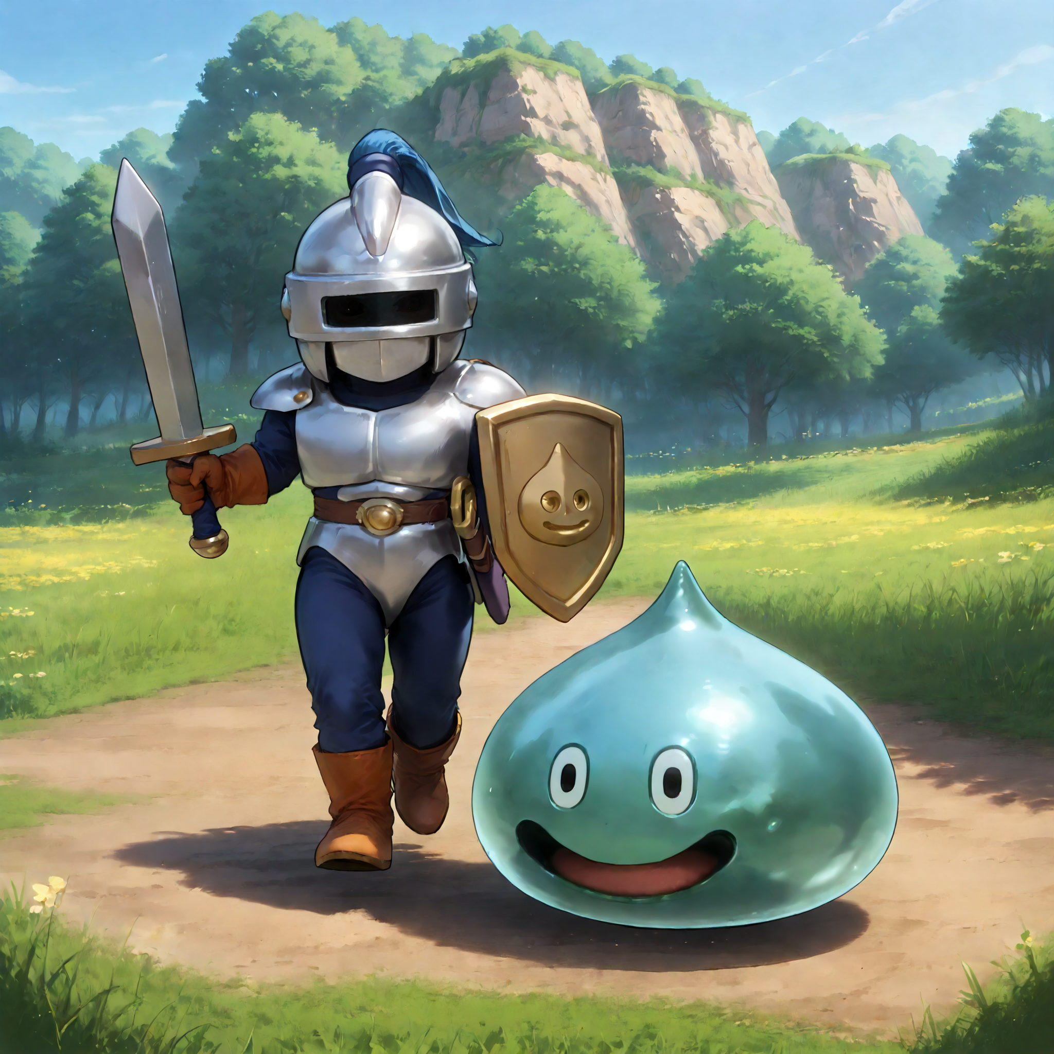 score_9,score_8_up,score_7_up,best quality,masterpiece,super detailed,full_body,zPDXL BREAK nature,field,2others,
<lora:Pony_DetailV2.0:1> BREAK slime knight,slime_(dragon_quest),armor,holding shield,holding sword,helmet,knight,<lora:slime knight-v3-pony:0.7>,walking,