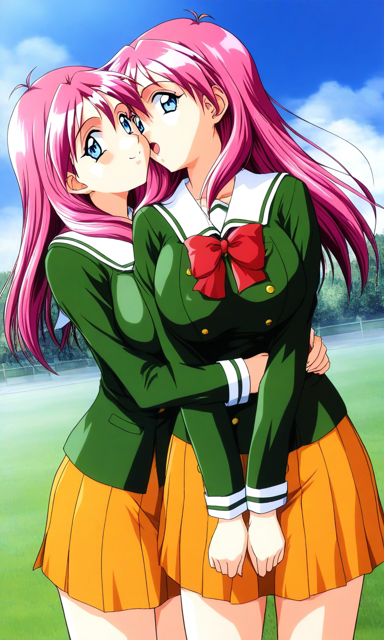 general,highres, ultra-detailed,very aesthetic,best quality ,best hands, BREAK <lora:Shirayuki_Mihoï¼Maho_Tokimeki_Memorial2_IS:1>
Shirayuki_Mihoï¼Maho, pink hair, blue eyes, long hair, large breasts, 
twins, 2girls,happy, hug, kiss,
school uniform, bow, green shirt, long sleeves, shirt, pleated skirt, orange skirt, red bow, sailor collar, smile, v arms, looking at viewer, open mouth, yellow skirt, jacket, :o, cowboy shot, standing, blue sky, grass,