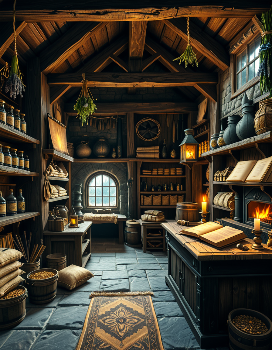 A highly detailed, realistic photograph of a medieval-style general store inspired by Skyrim, captured in soft, natural lighting. The interior features wooden beams and stone walls, aged and weathered, with shelves overflowing with various items: leather-bound books, glass potion bottles glowing faintly in green and blue hues, sacks of grains, and woven baskets filled with herbs. In the corner, a rustic fireplace crackles gently, casting warm, golden light across the room. Weapons like iron swords and steel daggers hang neatly on a wooden rack behind the counter, while a fur rug covers part of the worn wooden floor. On the wooden counter lies a small pile of gold coins beside an old ledger, with a candle burning low. The window shows a misty, pine-filled landscape outside, with soft daylight filtering through. The atmosphere feels cozy, immersive, and authentically Nordic, with rich textures, muted earthy colors, and a slightly cinematic fantasy style. No people are present, only the quiet ambiance of a world at rest.
<lora:SDXLFaeTastic2400:0.4> <lora:extremely_detailed:0.4> extremely detailed,<lora:skyrim_general_st0r3:1>,skyrim general st0r3, Masterpiece,best quality,hi res,8k,hi res,8k,award winning,(sharp focus, intricate, highly detailed),