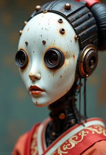 A photograph of an android robot designed as a geisha. The android face plate is made of white ceramic material, with many mechanical parts. The android has camera lens eyes, protruding from her face, and clear signs of rusting and wear. She is also wearing traditional intricate Japanese clothes. Photographed by Yuri Shwedoff, this photo shows a sense of shallow depth of field, with a vignette.