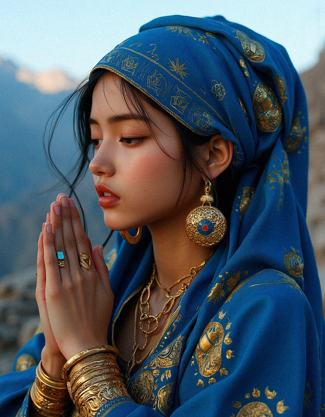  hyper-realistic photography close-up portrait of a conservative tribal young tanned  beauty wearing a traditional headscarf, with an emphasis on cultural heritage and intricate details. The headscarf, in a rich azure blue, is adorned with delicate golden embroidery, featuring geometric and floral motifs that seem to shimmer as they catch the light. The fabric should look soft and luxurious, with slight folds that reveal its texture and weight. Her bright eyes,  large and almond-shaped, with long eyelashes, should be rendered with meticulous detail, showing flecks of gold in her light beige colored irises that catch the ambient light. She wears large, ornate gold earrings with embedded jewels, reflecting hues of blue and red that complement her attire. A series of golden bangles adorns her wrist, with each bangle showcasing unique etchings and a subtle sheen that adds depth to the scene. The multi-layered necklace on her chest should look heavy and intricate, with each link and pendant reflecting the light in a way that conveys realism and richness. Her skin is very tanned with warm undertone, with a gentle blush across her cheeks and nose, suggesting a natural glow. (The background Jagged mountains in the background, barely visible under the moonlight, adding a sense of scale), contrasting with the blue of her scarf and enhancing the warmth of her skin. The lighting should be soft yet direct, illuminating her features and jewelry, casting subtle shadows that add depth and realism. Capture the texture of her skin, the softness of the fabric, and the cool, reflective surfaces of the jewelry to create a lifelike and immersive portrait that honors her cultural heritage and individual beauty. Add a slight breeze that lifts a strand of hair across her face, adding a sense of movement and intimacy to the composition, making the viewer feel as if they are sharing a moment of quiet contemplation with her.Her hands folded in a prayer position, eyes closed, radiating serenity and spirituality with beaming expression.




