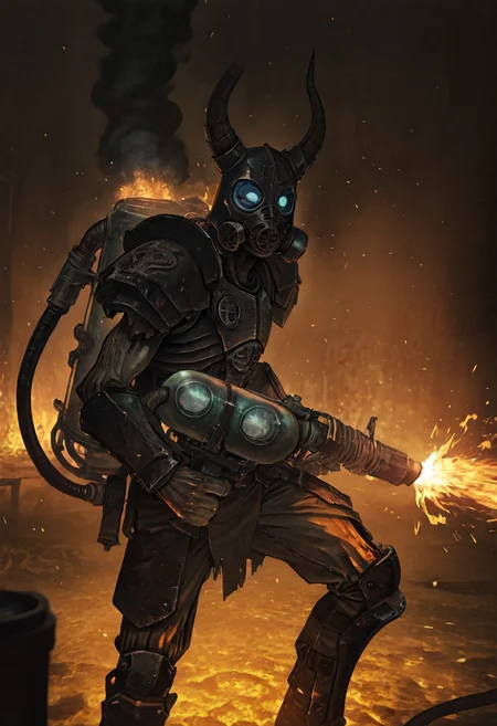 Dr4gr, skrm, masterpiece, best quality, absurdres, solo, 1boy, (gas mask:1.2), horned helmet, flamethrower, firing flames, glowing blue eyes, tattered armor, shoulder plates, scorched surroundings, crumbling Nordic ruin, smoke, ash, glowing embers, cinematic lighting, highly detailed, dynamic pose, intense action, dramatic atmosphere