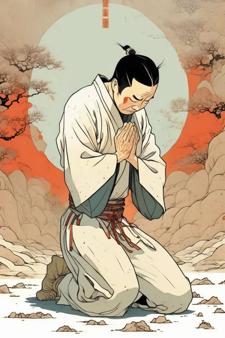 <lora:Kilian Eng Style:1>Kilian Eng Style - Front view, front view, an ancient Chinese man kneeling on the ground with both hands on the ground, front view, white background, dramatic composition.victo ngai style