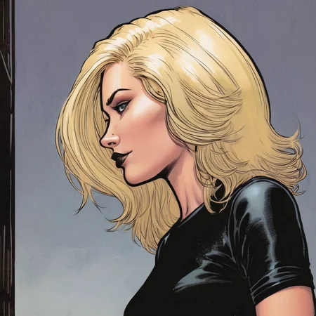comic book art of <lora:graphic novel style:1.2>
Shelly Webster blonde choppy hair a woman with blonde hair and a black shirt In graphic novel style, comic art, graphic novel illustration
