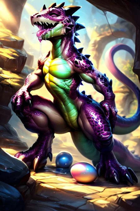 scalie, anthro, ((female)), ((kobold:1.3)), detailed pink scales, detailed dragon scales, intricate scales, (((small breasts))), detailed face, (big eyes:0.5), claws, open mouth, grin, (fangs:1.3), cute, young, (muscular), athletic, elegant, beautiful, claws, (slit pupils), bright eyes, expressive eyes, (chubby:0.4), (plump:0.4), smiling, happy,  celestial being,
(chrome:0.2), shiny skin, (crystal:0.6), (mineral fauna:0.6), light beam, reflective,
((closed eyes)),
all fours, butt, raised tail, spread legs, oviposition, laying wet pink egg, surrounded by wet pink eggs, wet plump labia, wet crotch, wet pussy, peeing,
(saliva:1.5), (drooling:1.5), ((sweating)), (wet),
<lora:dragon:0.2>,
<lora:addmoredetails:0.4>,
<lora:Velociraptor_Dino:0.1>,
<lora:deathclaw:1>,
<lora:FurryCore:0.7>
by darkgem, by thesecretcave, by silverfox5213, , 
noon, sunlight, 
on a beach, 
nude,
(ambient light on the body),
Ray tracing, dutch angle, concept art, highly detailed, (hi res), ((masterpiece)), ((best quality)) masterpiece, best quality, masterpiece, best quality, cinematic composition, (masterpiece, best quality, ultra realistic, 4k, (high detail:1.3), sharp focus,