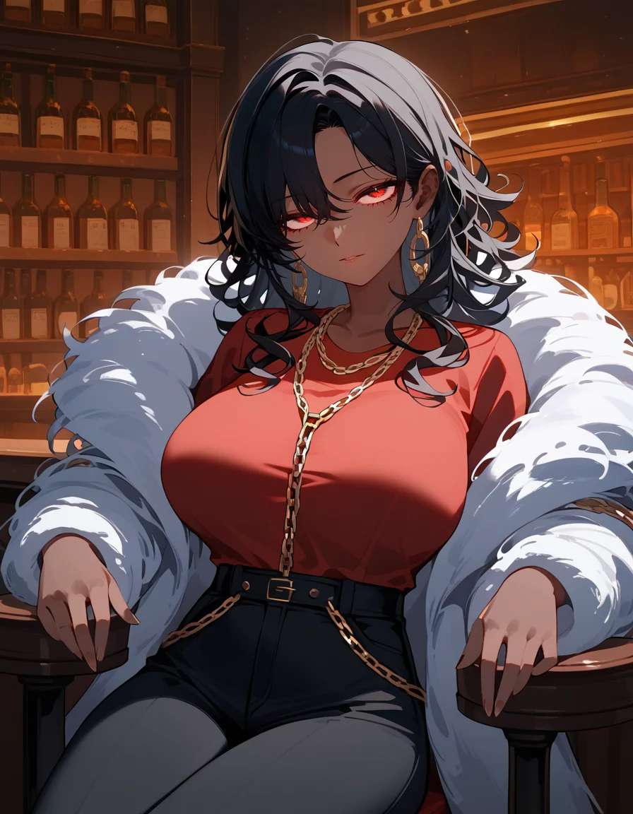 score_9, score_8_up, score_7_up, best quality, masterpiece, 4k, uncensored, prefect lighting, very aesthetic, source_anime
, 1 female, dark skin, fur coat, large breast, black pants, red shirt, gold chain necklace, red eyes, long curly black hair, seated in chair, bar, <lora:33_Gaff_PONY:1>