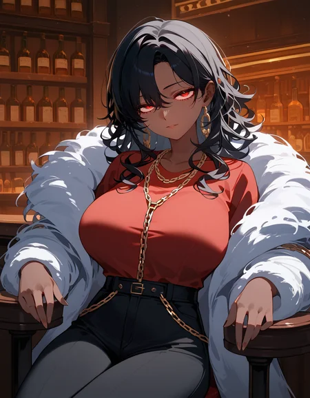 score_9, score_8_up, score_7_up, best quality, masterpiece, 4k, uncensored, prefect lighting, very aesthetic, source_anime
, 1 female, dark skin, fur coat, large breast, black pants, red shirt, gold chain necklace, red eyes, long curly black hair, seated in chair, bar, <lora:33_Gaff_PONY:1>