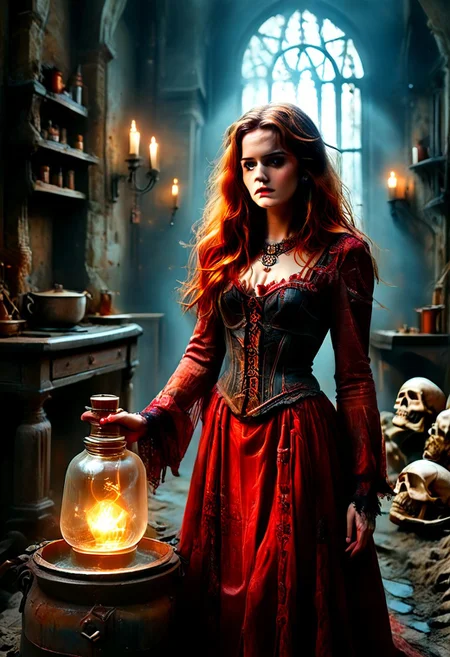 Skeleton, gothic horror, dimly lit laboratory cluttered with strange steampunk style contraptions and glowing jars, trapped luminous fae creatures, a disheveled skeleton wearing a reij-rosie, red dress, red platform shoes, red stockings, sprawling workbench, magic book. Feminine woman her lab coat, once white, is streaked with colourful stains and frayed at the hem, Beneath it, she wears a corset reinforced with purple tinted metal plates, its intricate design hinting at both function and vanity. Her wild, copper-colored hair is pulled into a messy bun, with stray strands framing her smudged but sharp-featured face. She grips a large ornate hammer in one gloved hand, the other gesturing animatedly as she mutters to herself, her deep blue eyes wide with a mix of brilliance and paranoia. Lantern light casting fractured shadows across walls lined with blueprints and diagrams of mythical beings,Ginger hair copper-color hair, blue eyes, cauldron, Photorealistic, Natural atmospheric lighting, intricate details, 35mm photograph, film, professional, 4k visuals, highly detailed, elegant, studio quality.,Stunning Beauty,wicca, magic, magical, fantasy, glowing, magical supplies, magical symbols,1gothic1,red