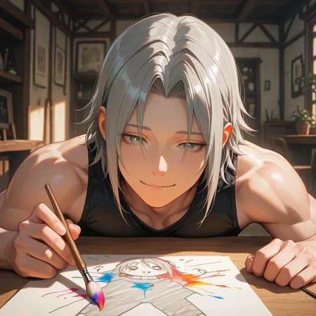 masterpiece, best quality, amazing quality, absurdres, newest, detailed background, definition so sharp, Ultra-HD, 8K cinematic, very awa, impressionate, amazing quality, highres,
solo, male focus, manly,
yashiroisana, 1boy, short hair, parted bangs, shiro_pretime, shiro_grey hair, shiro_grey eyes, drawing, focused expression, but with a slight smile, calm, art studio, natural light, paintbrushes, colorful, playful, aesthetic, creative