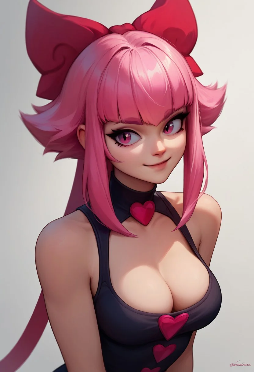 score_9, score_8_up, score_7_up, score_6_up, 1girl, melodie, pink hair, hair bow, medium breasts, smile, closed mouth, cleavage