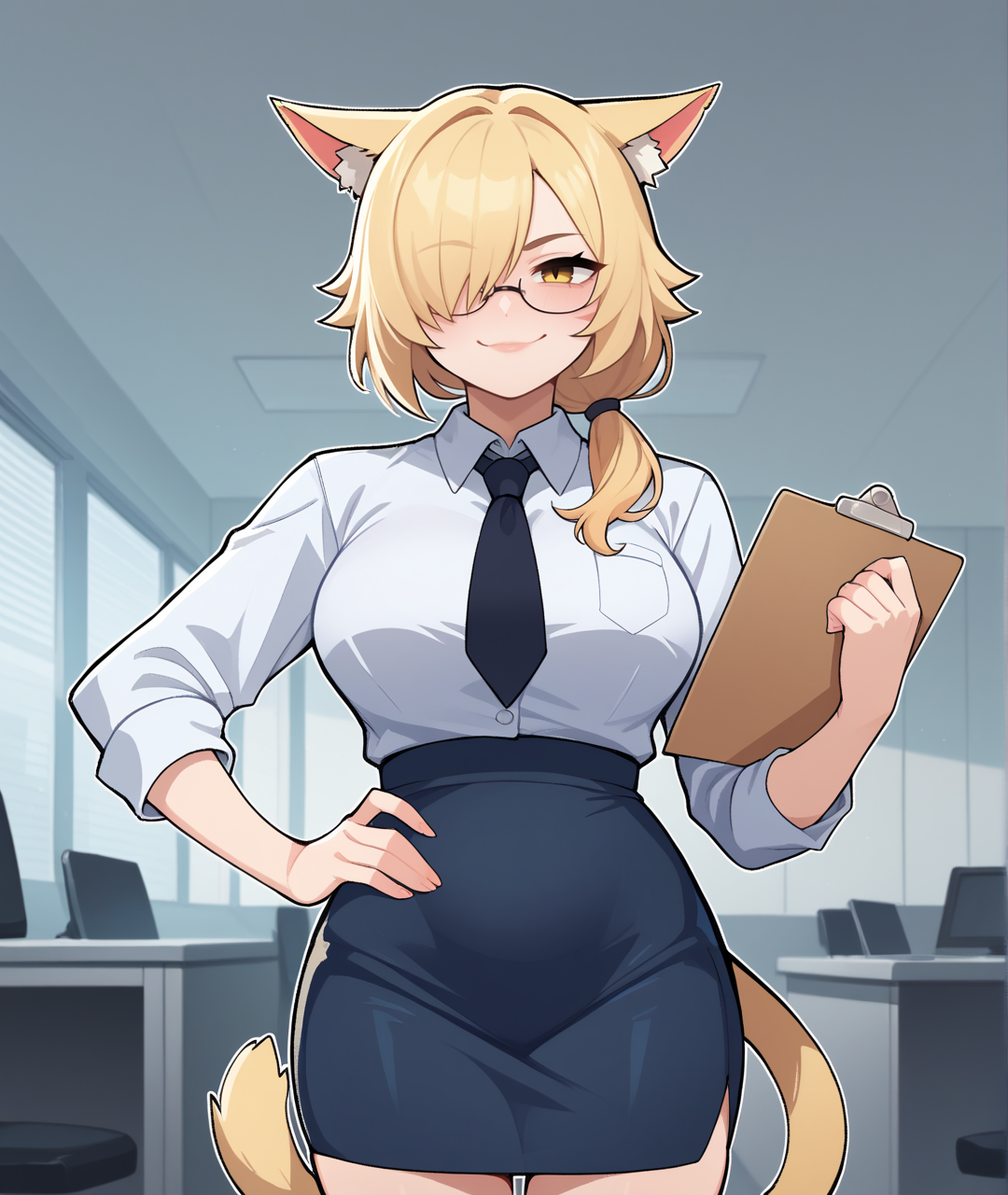 score_9, score_8_up, score_7_up, score_6_up, source_anime,indoors, office, 
BREAK
1girl,miqo'te,cat tail,cat ears,blonde hair,long hair,low ponytail,hair over one eye,yellow eyes,large breasts,white shirt, clipboard, pencil skirt, semi-rimless eyewear, necktie, hand on own hip, smug, looking at object, 
<lora:maidcousin_ponyxl-fandango:0.8>