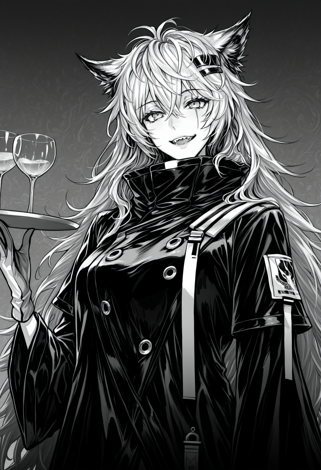 ((monochrome, greyscale, lappland \(arknights\), )), 1girl, solo, long hair, looking at viewer, smile, open mouth, simple background, long sleeves, hair ornament, gloves, animal ears, hair between eyes, medium breasts, jacket, upper body, sidelocks, :d, teeth, hairclip, hand up, wide sleeves, grey background, coat, animal ear fluff, cup, eyelashes, upper teeth only, scar, fangs, wolf ears, sharp teeth, antenna hair, messy hair, crossed bangs, drinking glass, tray, high collar, wolf girl, scar across eye, drink, glass, holding tray, wine glass, cocktail glass, masterpiece, best quality, ultra-detailed, highest quality, official art, latest, very awa, very aesthetic, detailed shading, (detailed background, complex background), amazing quality, intricate, hyper-detailed, excellent, absurdres, latest,