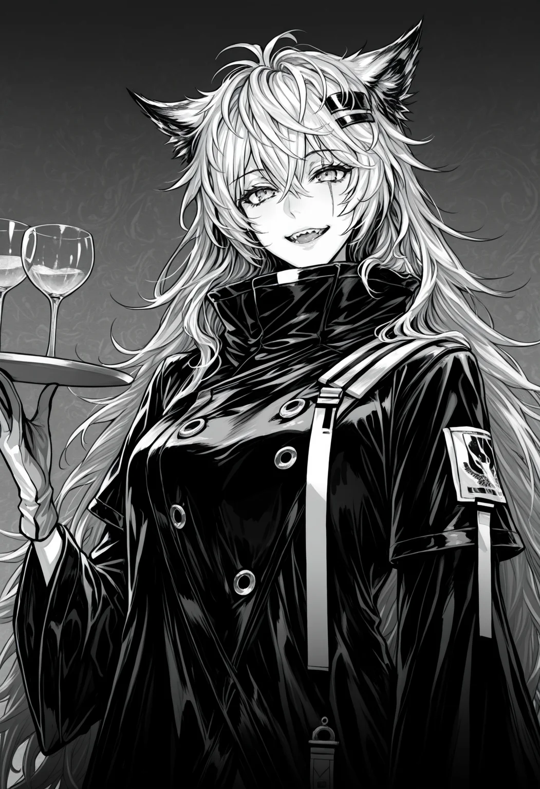 ((monochrome, greyscale, lappland \(arknights\), )), 1girl, solo, long hair, looking at viewer, smile, open mouth, simple background, long sleeves, hair ornament, gloves, animal ears, hair between eyes, medium breasts, jacket, upper body, sidelocks, :d, teeth, hairclip, hand up, wide sleeves, grey background, coat, animal ear fluff, cup, eyelashes, upper teeth only, scar, fangs, wolf ears, sharp teeth, antenna hair, messy hair, crossed bangs, drinking glass, tray, high collar, wolf girl, scar across eye, drink, glass, holding tray, wine glass, cocktail glass, masterpiece, best quality, ultra-detailed, highest quality, official art, latest, very awa, very aesthetic, detailed shading, (detailed background, complex background), amazing quality, intricate, hyper-detailed, excellent, absurdres, latest,