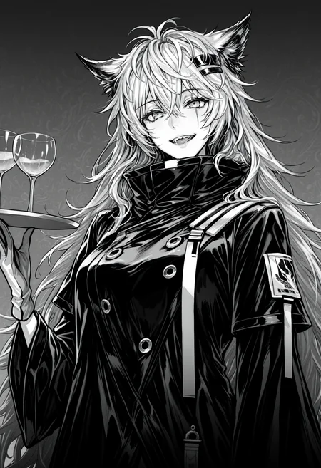 ((monochrome, greyscale, lappland \(arknights\), )), 1girl, solo, long hair, looking at viewer, smile, open mouth, simple background, long sleeves, hair ornament, gloves, animal ears, hair between eyes, medium breasts, jacket, upper body, sidelocks, :d, teeth, hairclip, hand up, wide sleeves, grey background, coat, animal ear fluff, cup, eyelashes, upper teeth only, scar, fangs, wolf ears, sharp teeth, antenna hair, messy hair, crossed bangs, drinking glass, tray, high collar, wolf girl, scar across eye, drink, glass, holding tray, wine glass, cocktail glass, masterpiece, best quality, ultra-detailed, highest quality, official art, latest, very awa, very aesthetic, detailed shading, (detailed background, complex background), amazing quality, intricate, hyper-detailed, excellent, absurdres, latest,