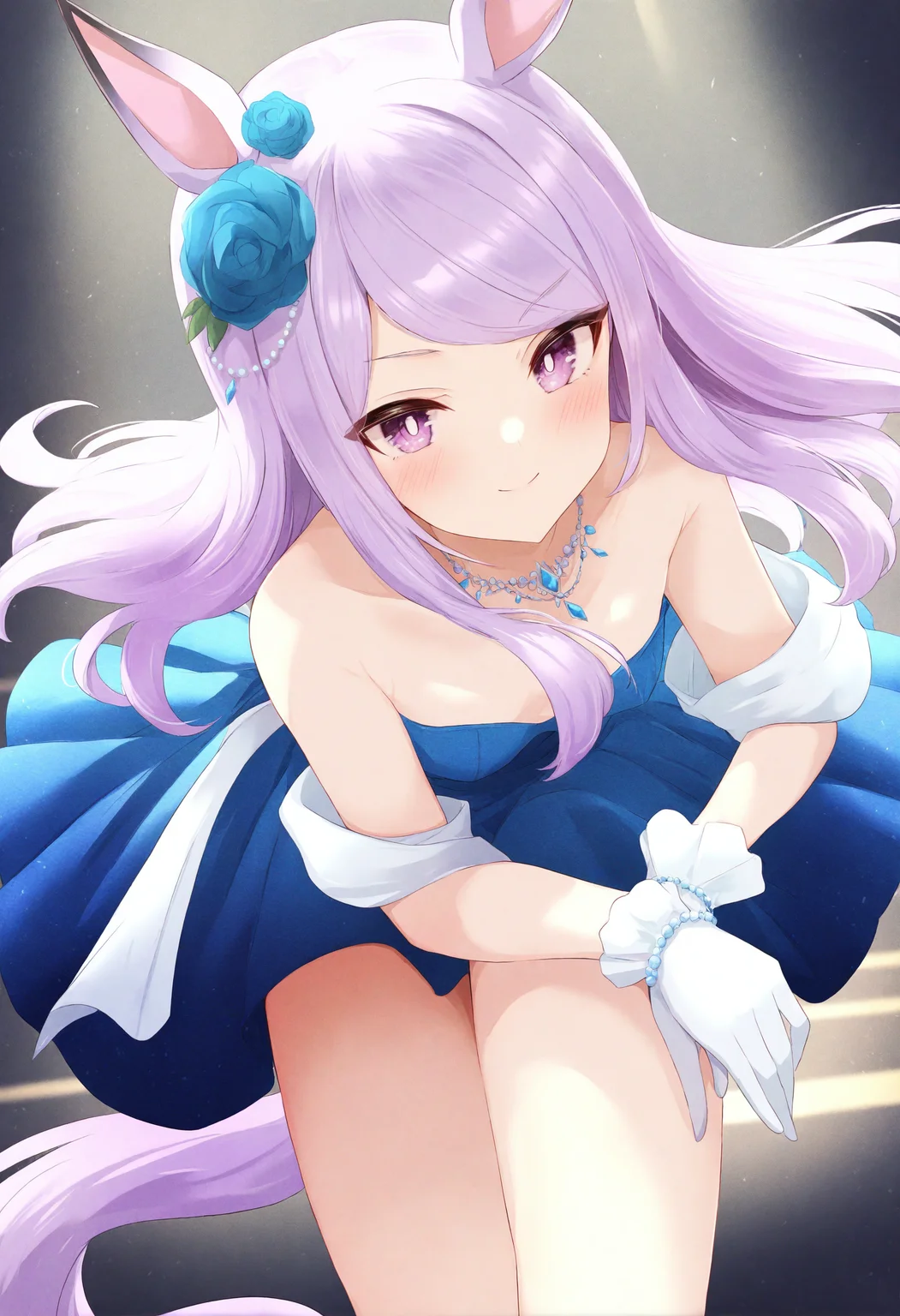 <lora:flash1_noob1.1-000072:1>,
1girl, horse ears, animal ears, mejiro mcqueen \(umamusume\), horse girl, solo, purple hair, long hair, purple eyes, hair ornament, horse tail, gloves, tail, dress, hair flower, blush, smile, necklace, flower, looking at viewer, white gloves, jewelry, closed mouth, bare shoulders, official alternate costume, swept bangs, small breasts, blue dress,
masterpiece,best quality,newest,absurdres,highres,very awa,