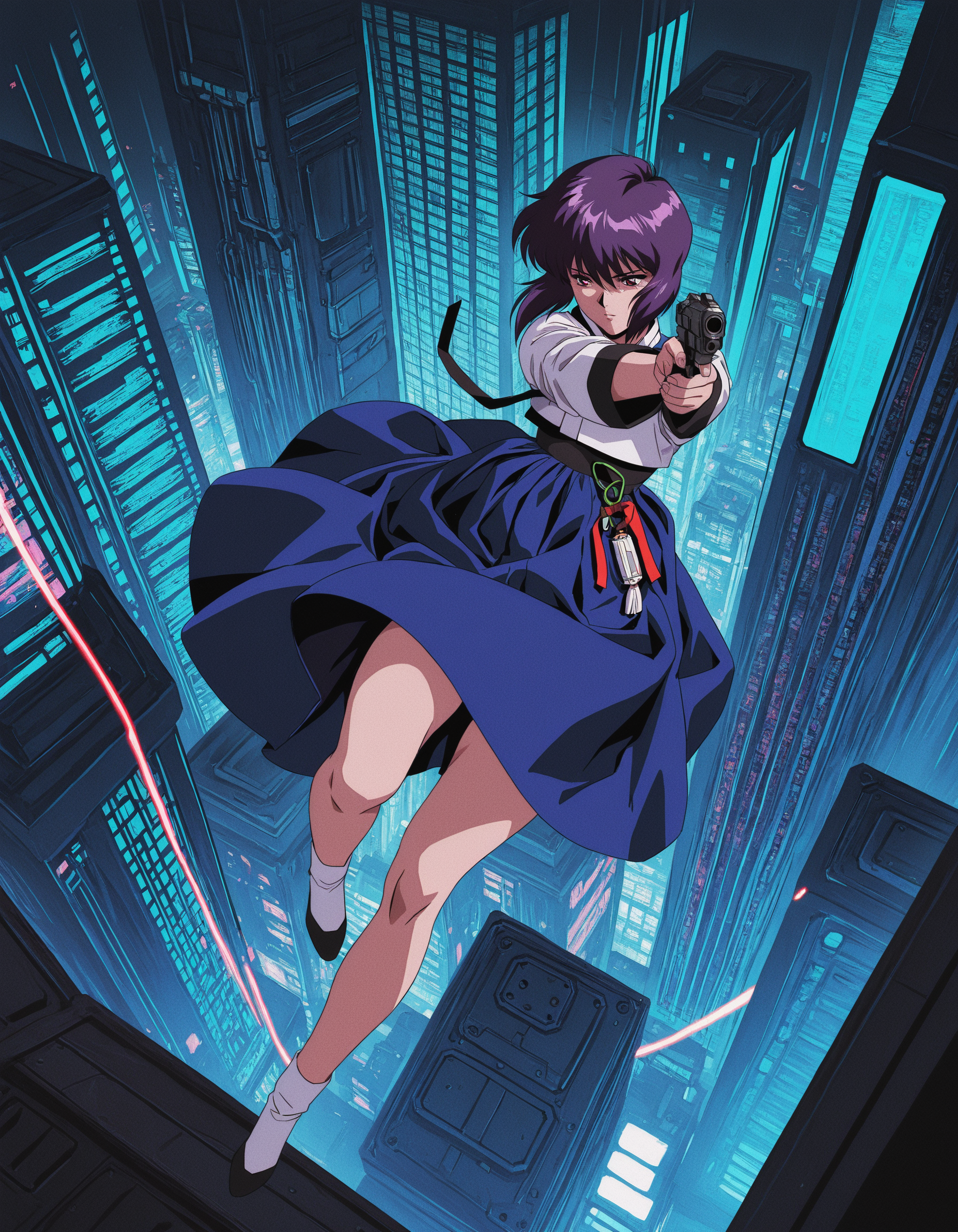 1girl, kusanagi motoko, hanbok, ribbon, skirt, scifi, 1990s style, holding pistol, aiming, floating, from above, falling on back, cyberpunk city, masterpiece, best quality, amazing detail, high definition