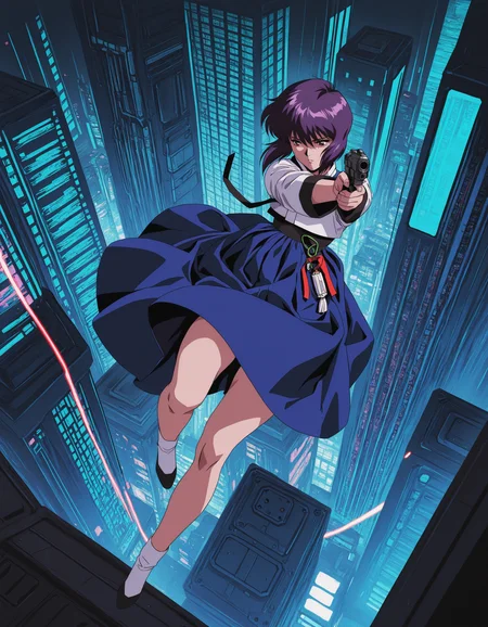 1girl, kusanagi motoko, hanbok, ribbon, skirt, scifi, 1990s style, holding pistol, aiming, floating, from above, falling on back, cyberpunk city, masterpiece, best quality, amazing detail, high definition