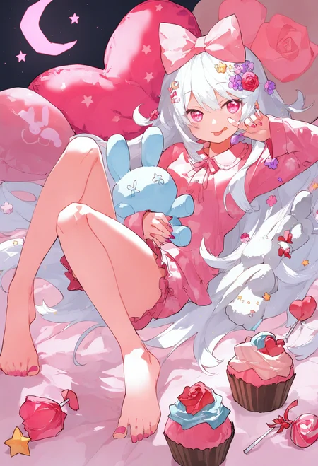 1girl,
solo, flower, tongue out, tongue, pink eyes, stuffed toy, stuffed animal, bow, teddy bear, hair ornament, nail polish, star \(symbol\), hair flower, hair bow, rose, looking at viewer, crescent moon, lying, pink theme, food, candy, white hair, crescent, heart, pajamas, pillow, moon, stuffed rabbit, cupcake, heart-shaped pillow, barefoot, :p, lollipop, long sleeves, on back,
.
masterpiece, best quality, very aesthetic, absurdres
<lora:potgfornoob:0.95>
