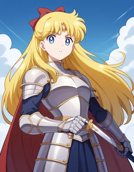 score_9, score_8_up, score_7_up, source_anime, <lora:minako-aino-eternal-movie1-ponyxl-lora-nochekaiser:1>, minako aino, blonde hair, blue eyes, bow, hair bow, half updo, long hair, red bow, tiara,, <lora:knight-ponyxl-lora-nochekaiser:1>, knight, armor, cape, sword, weapon, holding weapon, shoulder armor, gauntlets, helmet, pauldrons, red cape,, blue sky, clouds, from below, parted lips, looking at viewer