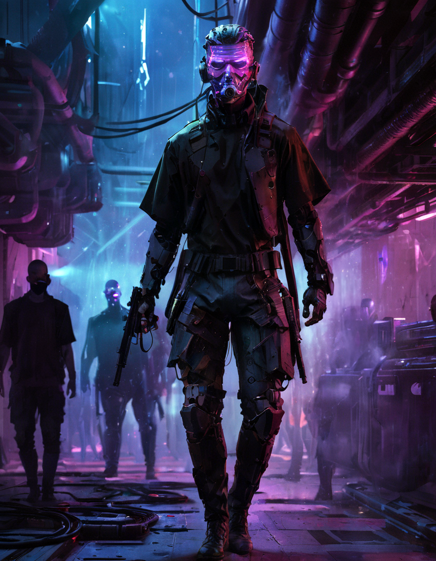 <lora:wkas:0.6>wkas, man with guns, tubes, cables, people, glowing mask, cyberpunk