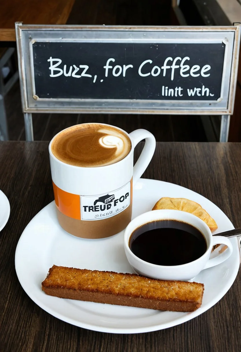 A single coffee on a dinner plate on a table, with a sign next to it saying text ''Buzz For A Coffee!''