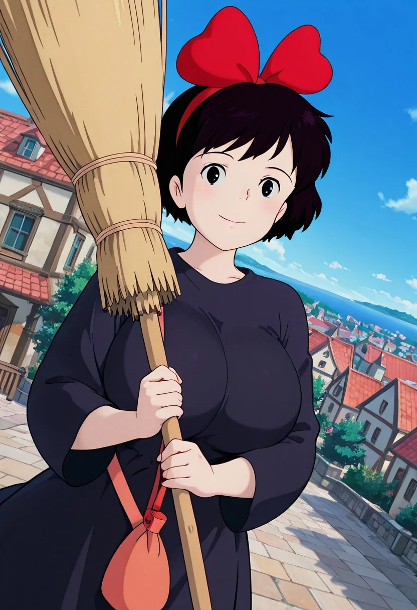 general,highres, ultra-detailed,very aesthetic,best quality ,best hands,best eyes,easynegative,
dynamic anglre, dutch angle, anime cloring,
1girl solo,looking at viewer,town,sky,broom,holding broom,smile,sky,
Kiki,black hair,short hair,huge breasts, hair ribbon,black eyes,black dress,
