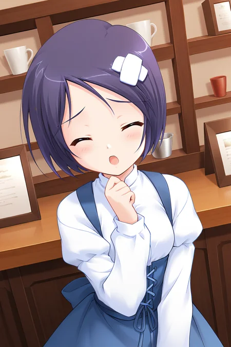 masterpiece, best quality, absurdres, official art, official style, rating general BREAK <lora:katsurazawahonami_IL_v1-2:0.7>, katsurazawa honami, 1girl, solo, purple eyes, purple hair, short hair, bob cut, parted bangs, swept bangs, small breasts BREAK casual, blouse, white shirt, dress shirt, collared shirt, underbust, buttons, juliet sleeves, blue dress, blue corset, cross-laced corset, standing, portrait, close-up, indoors, cafe,
blush, :o, closed eyes, crossed bandaids, facing viewer, lamentation, open mouth
