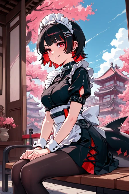 masterpiece, best quality, 1girl, solo, 21 year old model, eyelashes, (beautiful eyes), ,,, ellen joe, black hair, colored inner hair, multicolored hair, red eyes, red hair, short hair, two-tone hair, apron, black pantyhose, black shirt, black skirt, ear piercing, fins, fish tail, maid, maid apron, maid headdress, pantyhose, piercing, puffy short sleeves, puffy sleeves, shark girl, shark tail, shirt, short sleeves, skirt, tail, two-tone hair, wrist cuffs, <lora:EllenJoeIXL:1.0>, ,,,sitting on bench, side view, looking at viewer solo, smile, pnkBldng, sky, day, cloud, tree, blue sky, building, architecture, east asian architecture, <lora:PinkBuildingIXL_v2:1.0>,