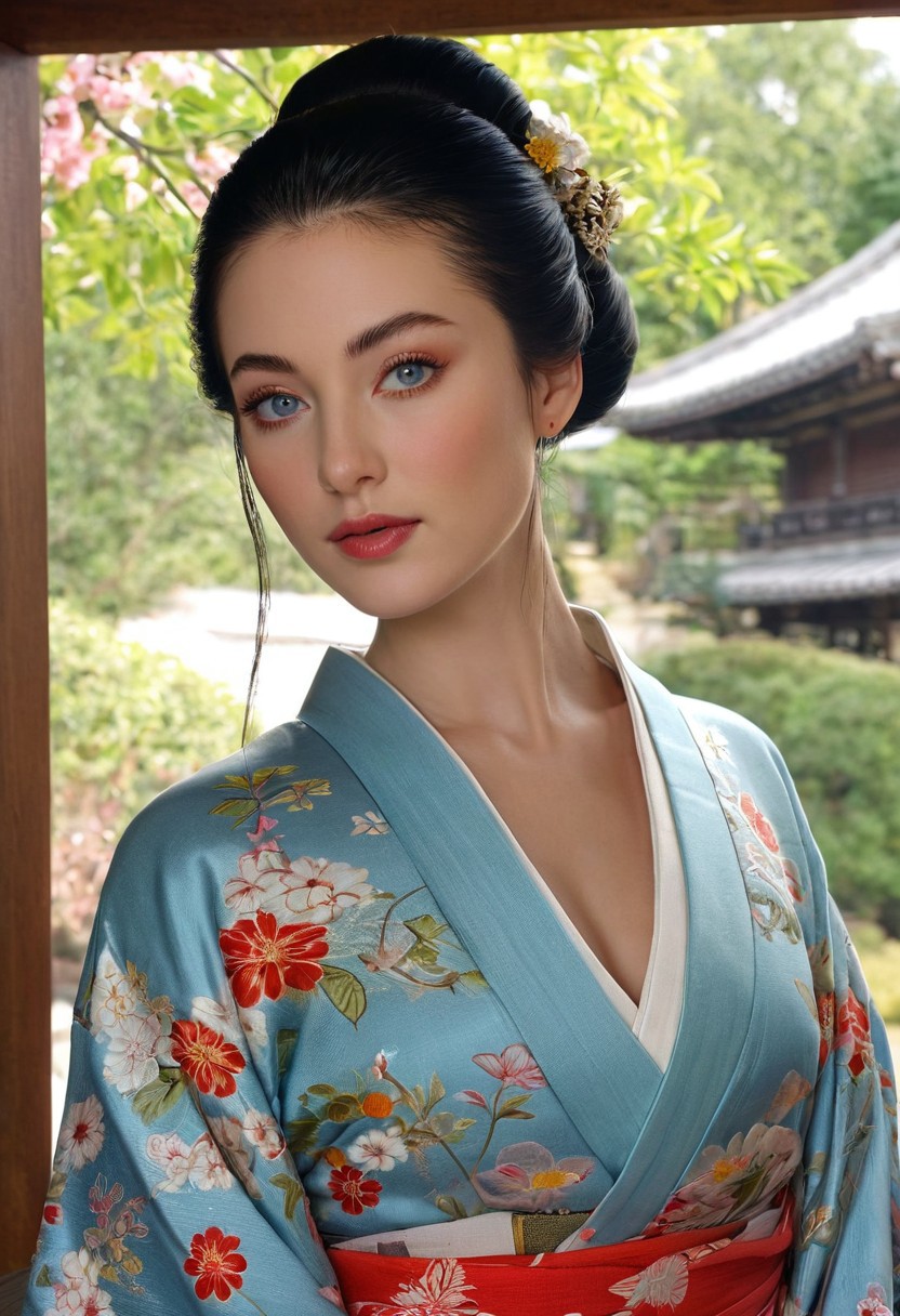 embedding:urn:air:sd1:embedding:civitai:222256@250708,  score_9, score_8_up, score_7_up, rating_explicit, MythAn1m3, 4k, masterpiece, highly detailed, 18yo, girl, sexy, Blue eyes. small perfecteyes , no makeup. Clear skin.  realistic skin style, Long dark black slick back hair. No makeup. Cheerful morning , bright sun light. Highly detailed Japanese tea house. fancy hair style, decorated hair style, sexy, extremely beautiful, stunning beauty, striking beauty, beautiful face, Japanese girl, perfect anatomy, (aristocracy, geisha, beautiful kimono), (cleavage:1.2, huge breasts), bursting breasts, smooth skin, seductive, tea house, Slight smile, tilting head. Tilt head. Looking at viewer. (full shot:1.5).