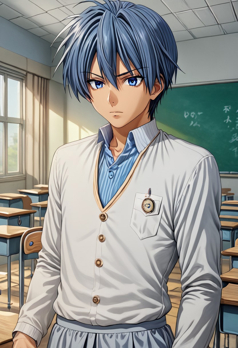 high resolution, solo, best quality, 1Boy, Tomoya Okazaki, Grey Blue Hair, blue eyes, Teacher, classroom, education, knowledge,