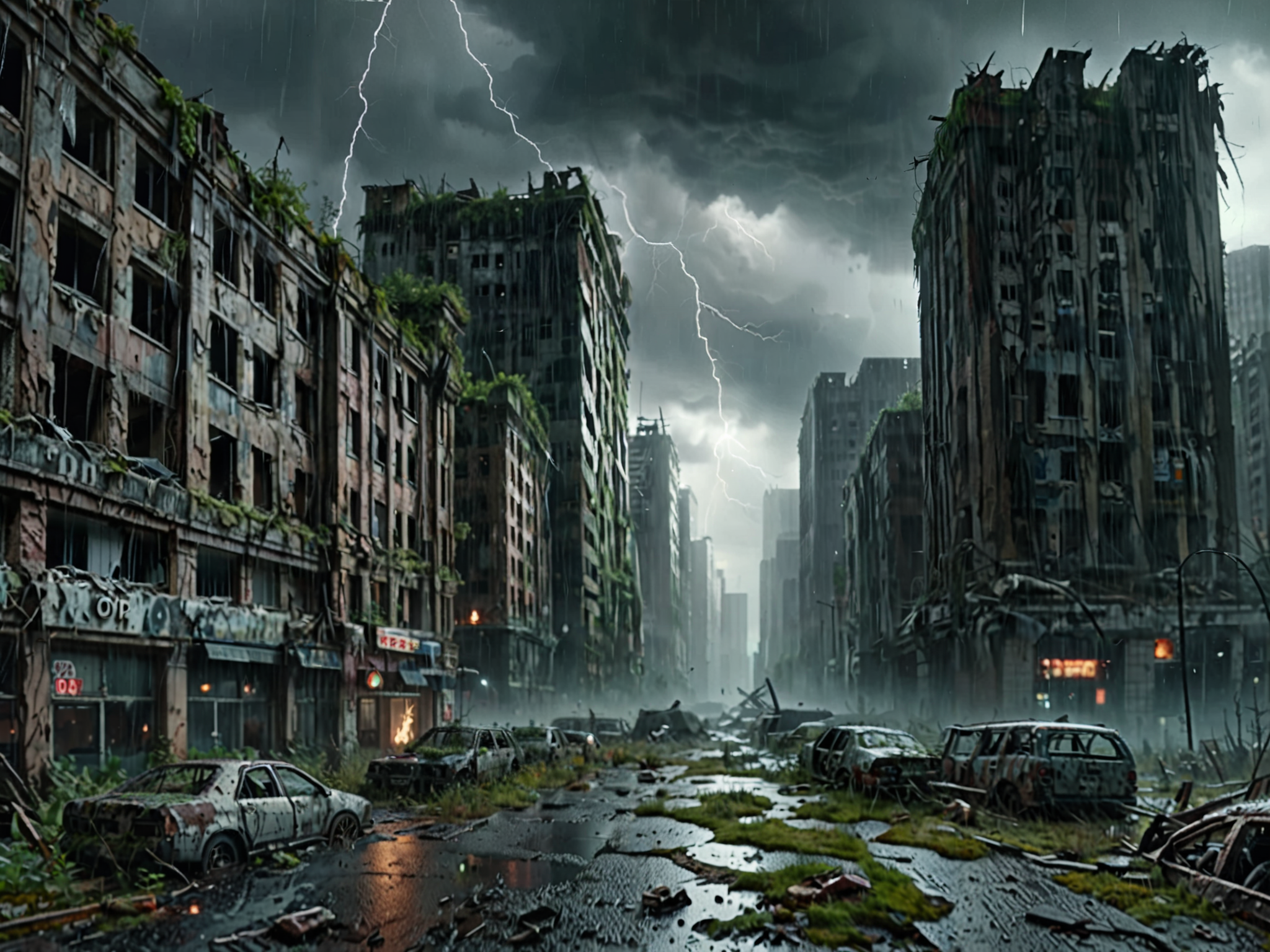 sharp focus, decaying buildings of a advanced civilization,   rain, angry skies, lightning   8k, masterpiece,  dramatic lighting <lora:addMoreDetails:1> Ultra details++ , add more details <lora:dvr-lnds-sdxl:1> dvr-lnds-sdxl